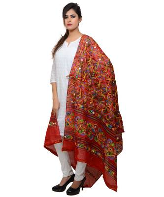 Women's Pure Cotton Aari Embroidery & Foil Mirrors Dupatta (Rasna) Red - RSN03 2