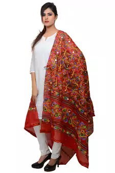 Women's Pure Cotton Aari Embroidery & Foil Mirrors Dupatta (Rasna) Red - RSN03