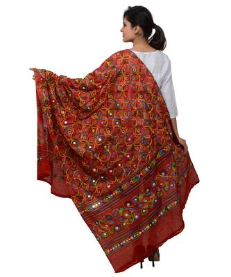 Women's Pure Cotton Aari Embroidery & Foil Mirrors Dupatta (Rasna) Red - RSN03 3