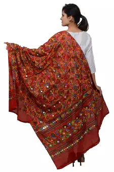 Women's Pure Cotton Aari Embroidery & Foil Mirrors Dupatta (Rasna) Red - RSN03