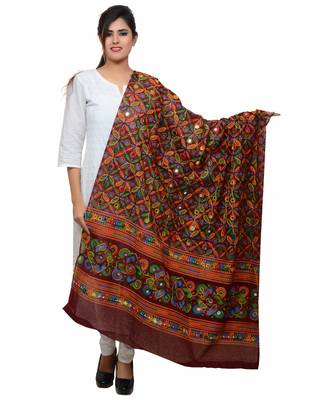Women's Pure Cotton Aari Embroidery & Foil Mirrors Dupatta (Rasna) Maroon - RSN04 1