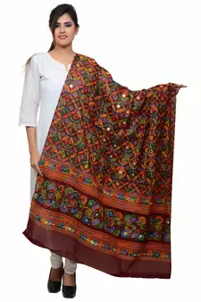 Women's Pure Cotton Aari Embroidery & Foil Mirrors Dupatta (Rasna) Maroon - RSN04
