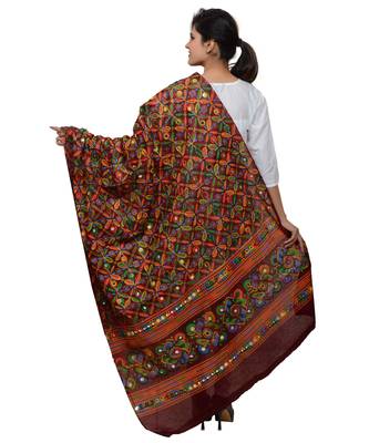 Women's Pure Cotton Aari Embroidery & Foil Mirrors Dupatta (Rasna) Maroon - RSN04 3