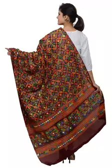 Women's Pure Cotton Aari Embroidery & Foil Mirrors Dupatta (Rasna) Maroon - RSN04