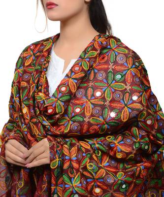 Women's Pure Cotton Aari Embroidery & Foil Mirrors Dupatta (Rasna) Maroon - RSN04 4