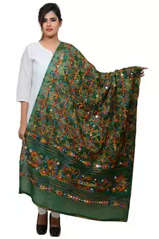 Women's Pure Cotton Aari Embroidery & Foil Mirrors Dupatta (Rasna) Dark Green  - RSN05