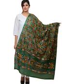 Women's Pure Cotton Aari Embroidery & Foil Mirrors Dupatta (Rasna) Dark Green  - RSN05