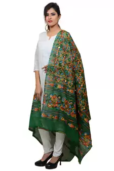 Women's Pure Cotton Aari Embroidery & Foil Mirrors Dupatta (Rasna) Dark Green  - RSN05