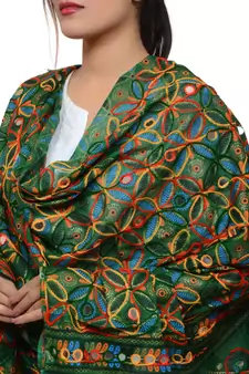 Women's Pure Cotton Aari Embroidery & Foil Mirrors Dupatta (Rasna) Dark Green  - RSN05