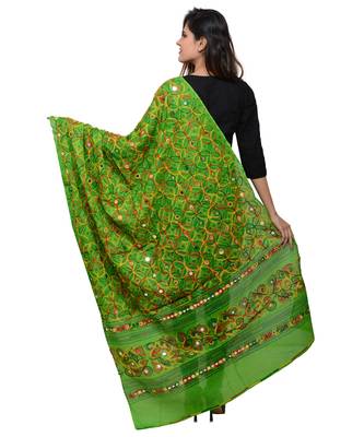 Women's Pure Cotton Aari Embroidery & Foil Mirrors Dupatta (Rasna) Parrot Green - RSN06 2