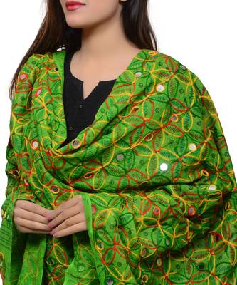 Women's Pure Cotton Aari Embroidery & Foil Mirrors Dupatta (Rasna) Parrot Green - RSN06 3