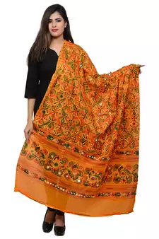 Women's Pure Cotton Aari Embroidery & Foil Mirrors Dupatta (Rasna) Light Orange - RSN07