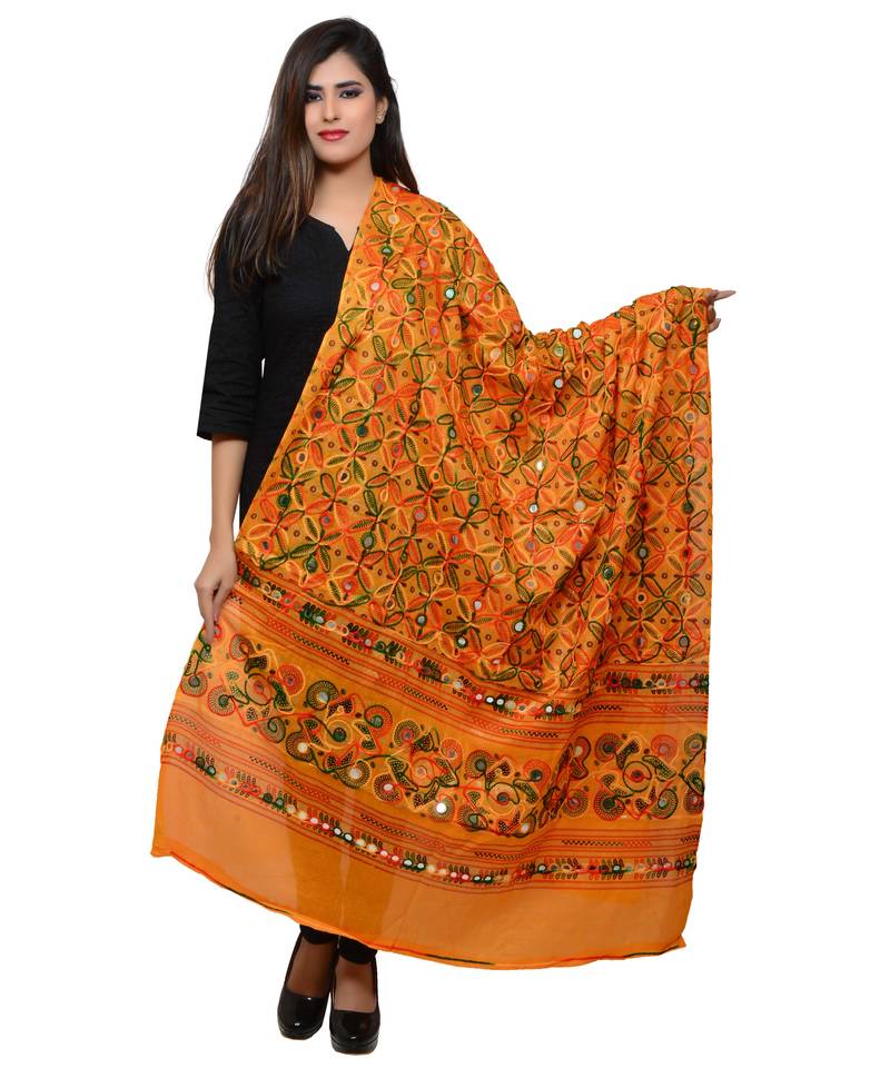 Women's Pure Cotton Aari Embroidery & Foil Mirrors Dupatta (Rasna) Light Orange - RSN07