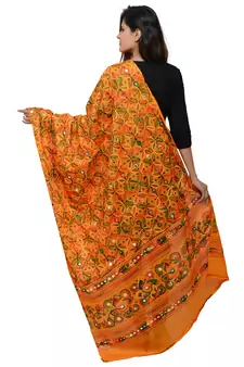 Women's Pure Cotton Aari Embroidery & Foil Mirrors Dupatta (Rasna) Light Orange - RSN07