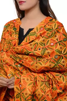 Women's Pure Cotton Aari Embroidery & Foil Mirrors Dupatta (Rasna) Light Orange - RSN07