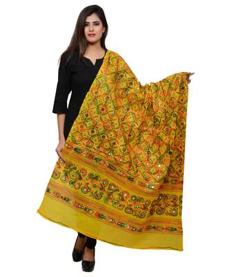 Women's Pure Cotton Aari Embroidery & Foil Mirrors Dupatta (Rasna) Lemon Yellow - RSN08 1