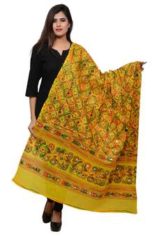 Women's Pure Cotton Aari Embroidery & Foil Mirrors Dupatta (Rasna) Lemon Yellow - RSN08