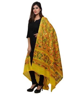 Women's Pure Cotton Aari Embroidery & Foil Mirrors Dupatta (Rasna) Lemon Yellow - RSN08 2