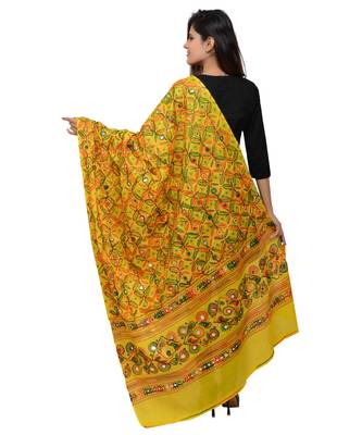 Women's Pure Cotton Aari Embroidery & Foil Mirrors Dupatta (Rasna) Lemon Yellow - RSN08 3