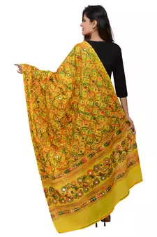Women's Pure Cotton Aari Embroidery & Foil Mirrors Dupatta (Rasna) Lemon Yellow - RSN08