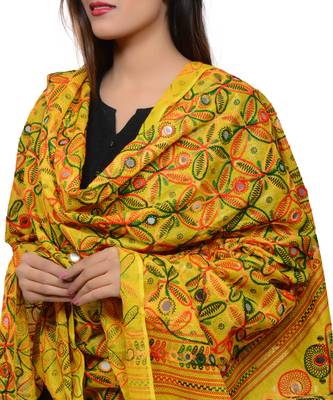 Women's Pure Cotton Aari Embroidery & Foil Mirrors Dupatta (Rasna) Lemon Yellow - RSN08 4