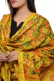 Women's Pure Cotton Aari Embroidery & Foil Mirrors Dupatta (Rasna) Lemon Yellow - RSN08