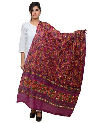Women's Pure Cotton Aari Embroidery & Foil Mirrors Dupatta (Rasna) Magenta Violet - RSN10 1