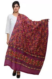 Women's Pure Cotton Aari Embroidery & Foil Mirrors Dupatta (Rasna) Magenta Violet - RSN10
