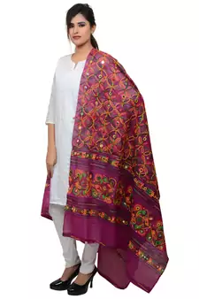 Women's Pure Cotton Aari Embroidery & Foil Mirrors Dupatta (Rasna) Magenta Violet - RSN10