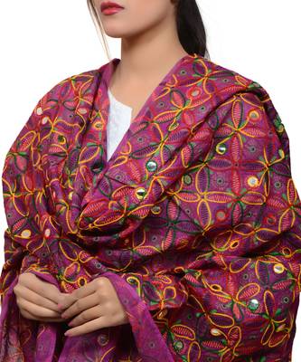 Women's Pure Cotton Aari Embroidery & Foil Mirrors Dupatta (Rasna) Magenta Violet - RSN10 4
