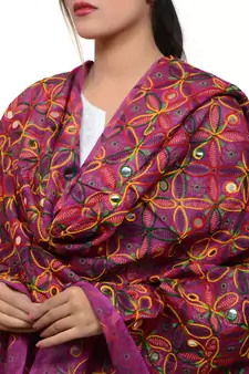Women's Pure Cotton Aari Embroidery & Foil Mirrors Dupatta (Rasna) Magenta Violet - RSN10