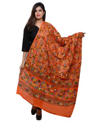 Women's Pure Cotton Aari Embroidery & Foil Mirrors Dupatta (Rasna) Tangy Orange - RSN11 1