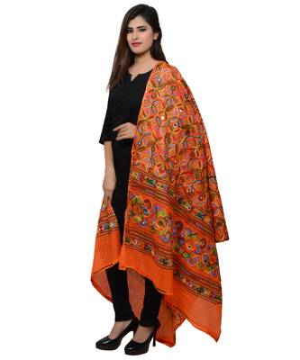 Women's Pure Cotton Aari Embroidery & Foil Mirrors Dupatta (Rasna) Tangy Orange - RSN11 2
