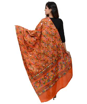 Women's Pure Cotton Aari Embroidery & Foil Mirrors Dupatta (Rasna) Tangy Orange - RSN11 3