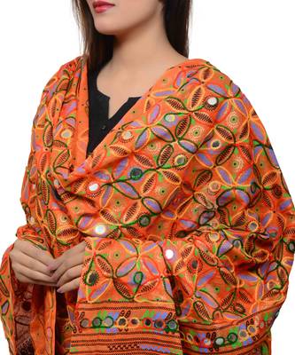 Women's Pure Cotton Aari Embroidery & Foil Mirrors Dupatta (Rasna) Tangy Orange - RSN11 4
