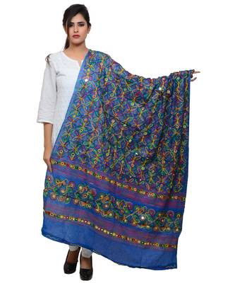Women's Pure Cotton Aari Embroidery & Foil Mirrors Dupatta (Rasna) Blue - RSN12 1
