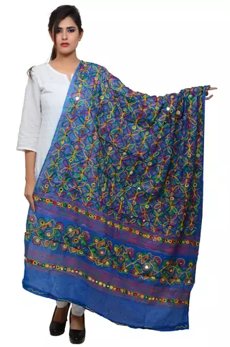 Women's Pure Cotton Aari Embroidery & Foil Mirrors Dupatta (Rasna) Blue - RSN12