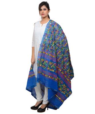 Women's Pure Cotton Aari Embroidery & Foil Mirrors Dupatta (Rasna) Blue - RSN12 2