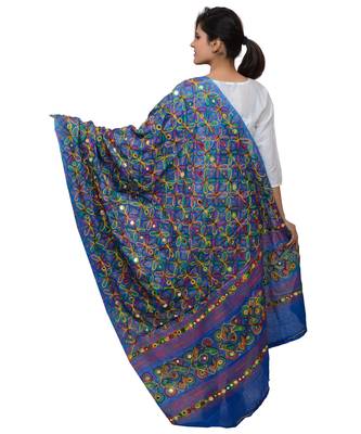 Women's Pure Cotton Aari Embroidery & Foil Mirrors Dupatta (Rasna) Blue - RSN12 3