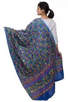 Women's Pure Cotton Aari Embroidery & Foil Mirrors Dupatta (Rasna) Blue - RSN12
