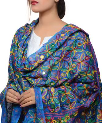 Women's Pure Cotton Aari Embroidery & Foil Mirrors Dupatta (Rasna) Blue - RSN12 4
