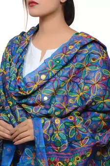 Women's Pure Cotton Aari Embroidery & Foil Mirrors Dupatta (Rasna) Blue - RSN12