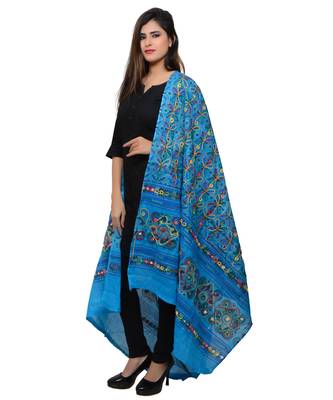 Women's Pure Cotton Aari Embroidery & Foil Mirrors Dupatta (Rasna) Turquoise - RSN13 1