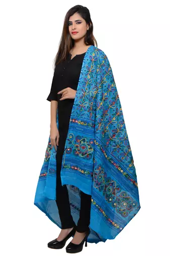 Women's Pure Cotton Aari Embroidery & Foil Mirrors Dupatta (Rasna) Turquoise - RSN13