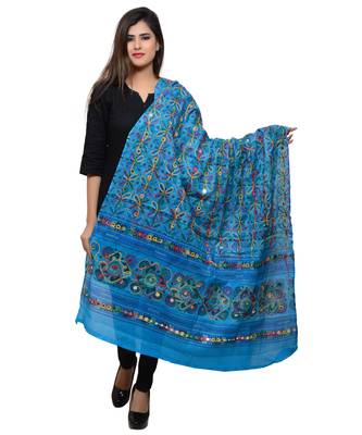 Women's Pure Cotton Aari Embroidery & Foil Mirrors Dupatta (Rasna) Turquoise - RSN13 2