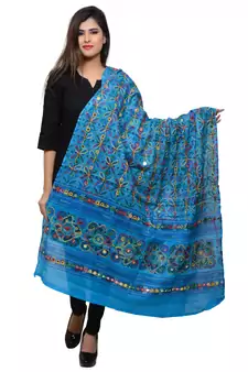 Women's Pure Cotton Aari Embroidery & Foil Mirrors Dupatta (Rasna) Turquoise - RSN13