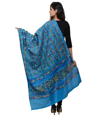 Women's Pure Cotton Aari Embroidery & Foil Mirrors Dupatta (Rasna) Turquoise - RSN13 3