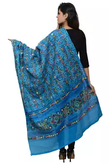 Women's Pure Cotton Aari Embroidery & Foil Mirrors Dupatta (Rasna) Turquoise - RSN13