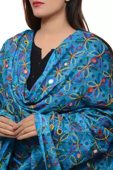 Women's Pure Cotton Aari Embroidery & Foil Mirrors Dupatta (Rasna) Turquoise - RSN13