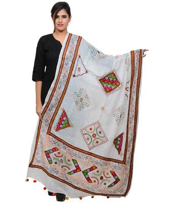 Women's Pure Cotton Real Mirrorwork & Hand Embroidery Dupatta (Kutchi Trikon) White - TKN02 1